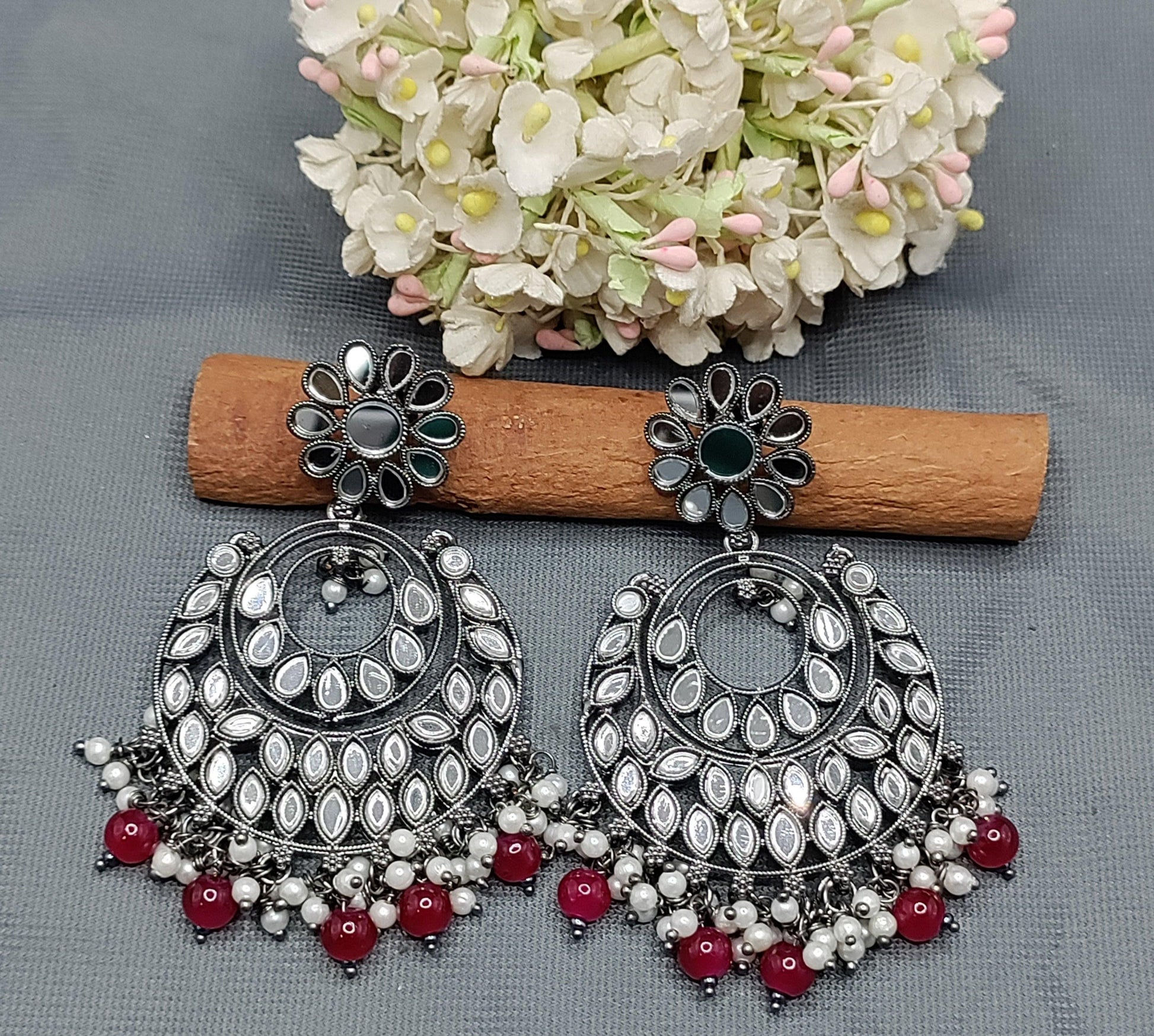 Kundan Mirror Earring Victorian Sku-584 E3 - rchiecreation