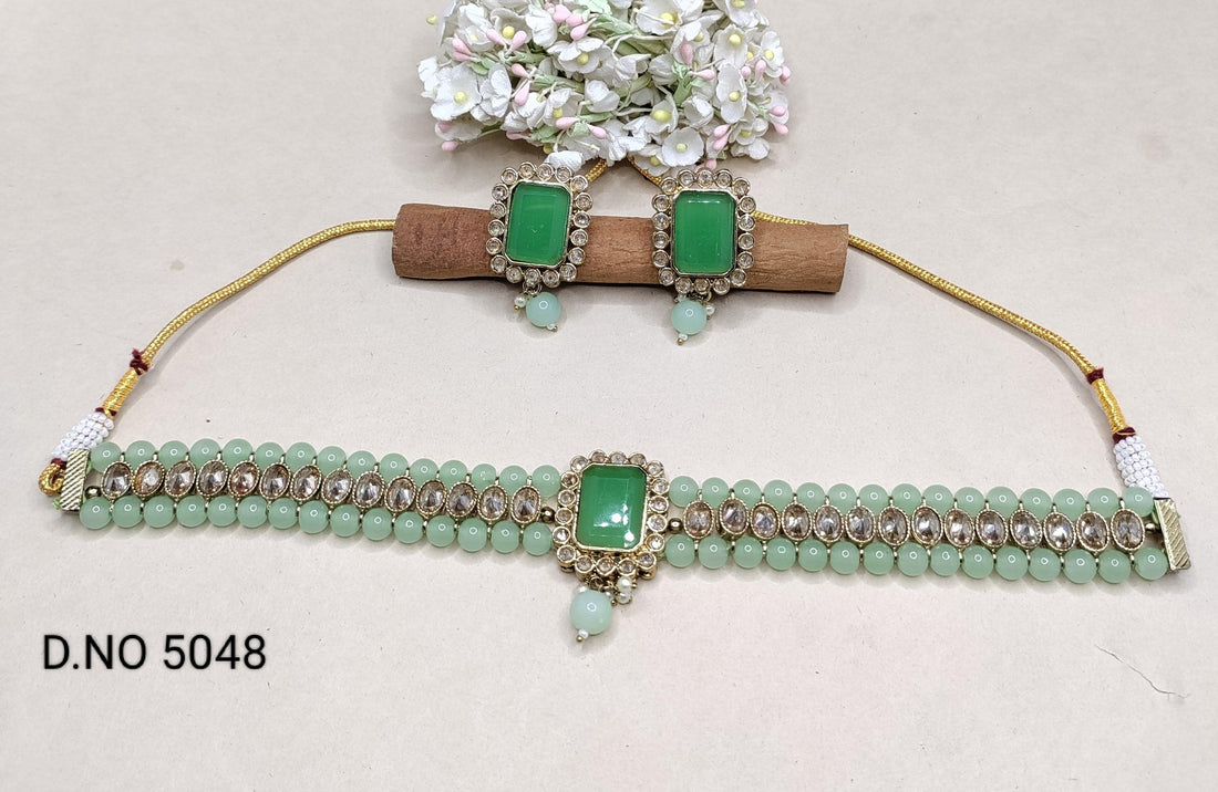 Pearl Polki Choker Necklace Mehndi Set Sku- 5048 B2 - rchiecreation