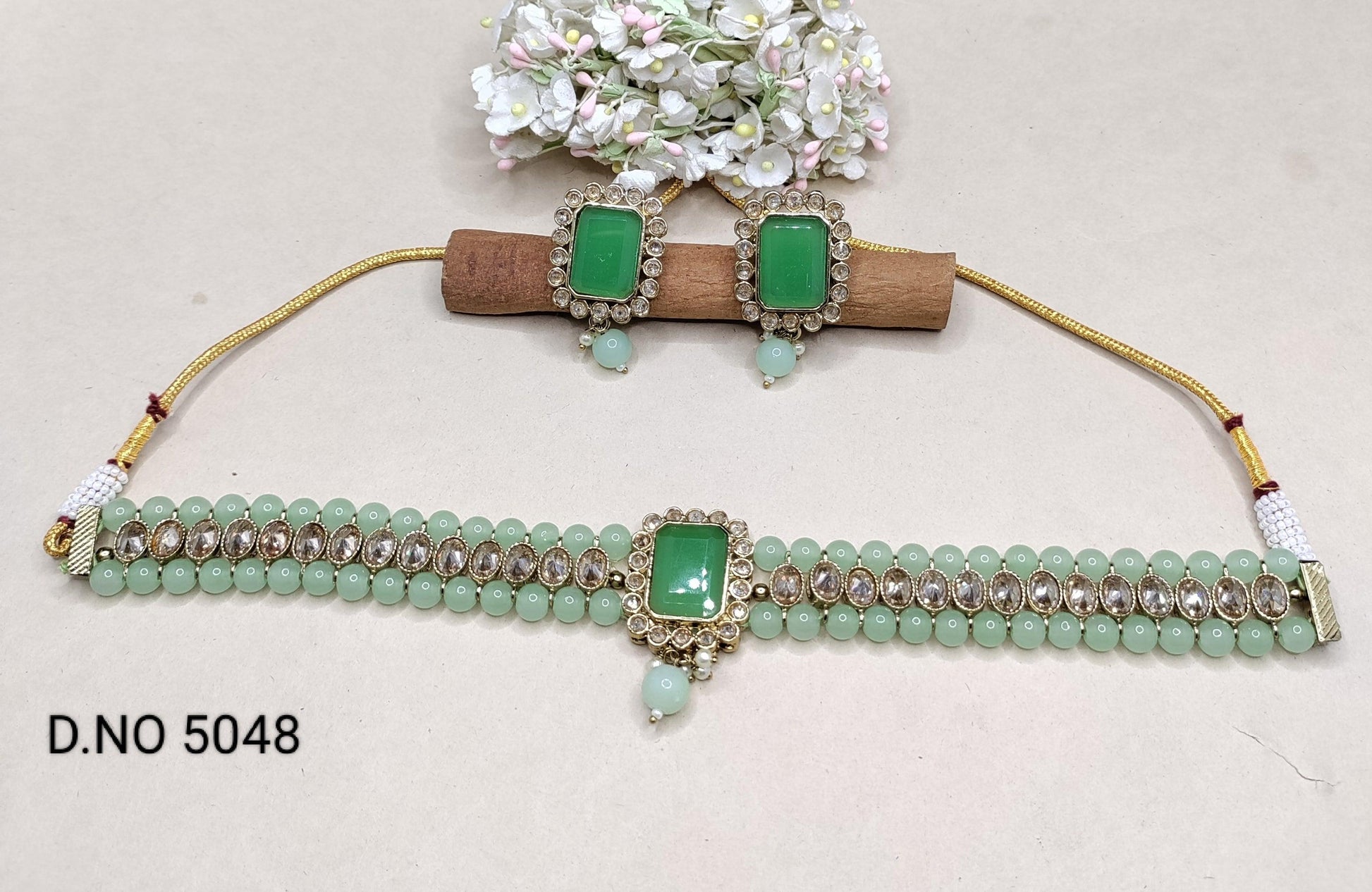 Pearl Polki Choker Necklace Mehndi Set Sku- 5048 B2 - rchiecreation