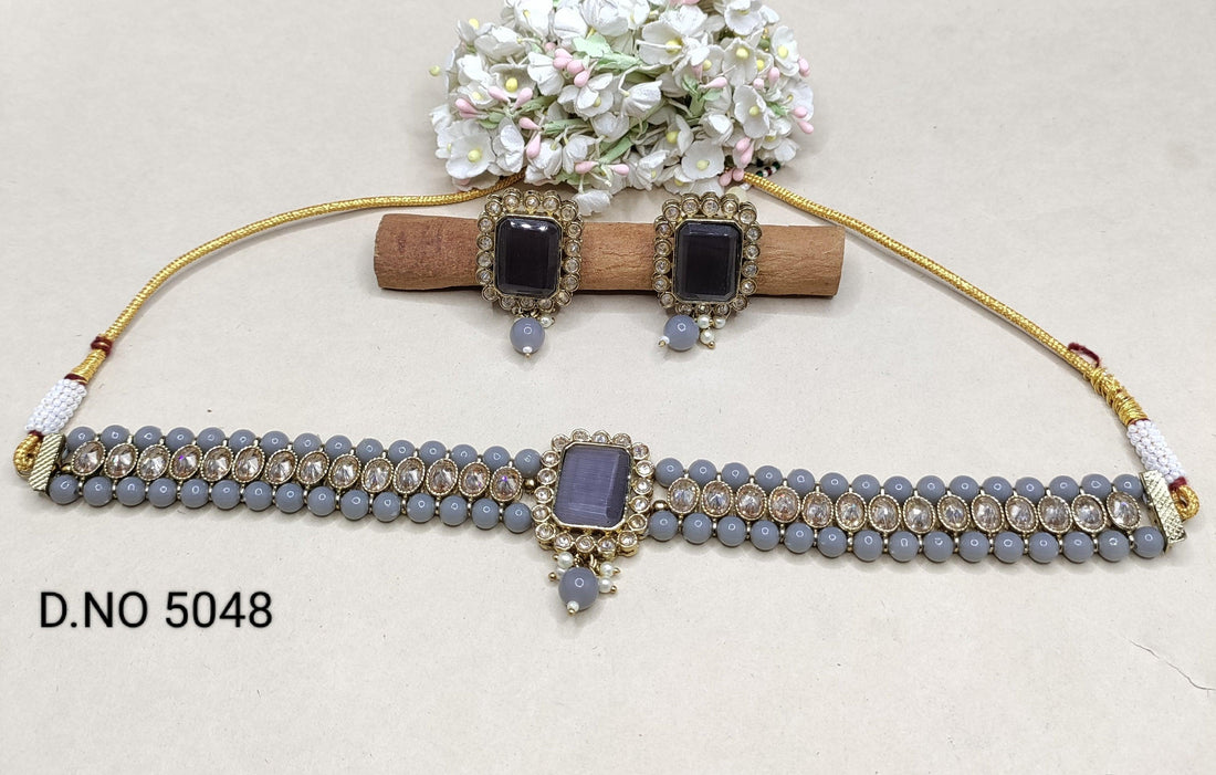 Pearl Polki Choker Necklace Mehndi Set Sku- 5048 B2 - rchiecreation