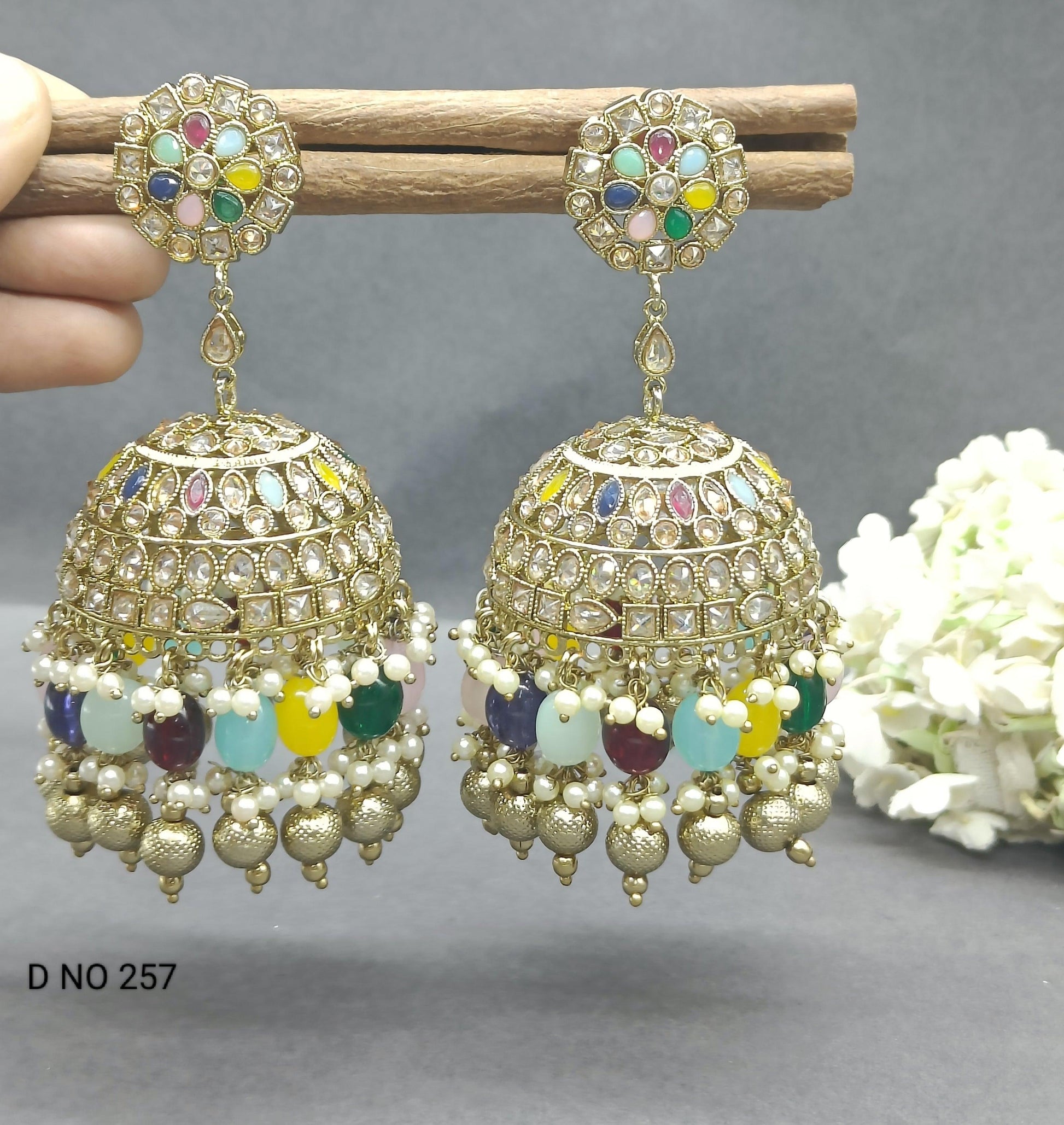 Polki Big Jhumki Earring Mehndi Sku -257 A3 - rchiecreation