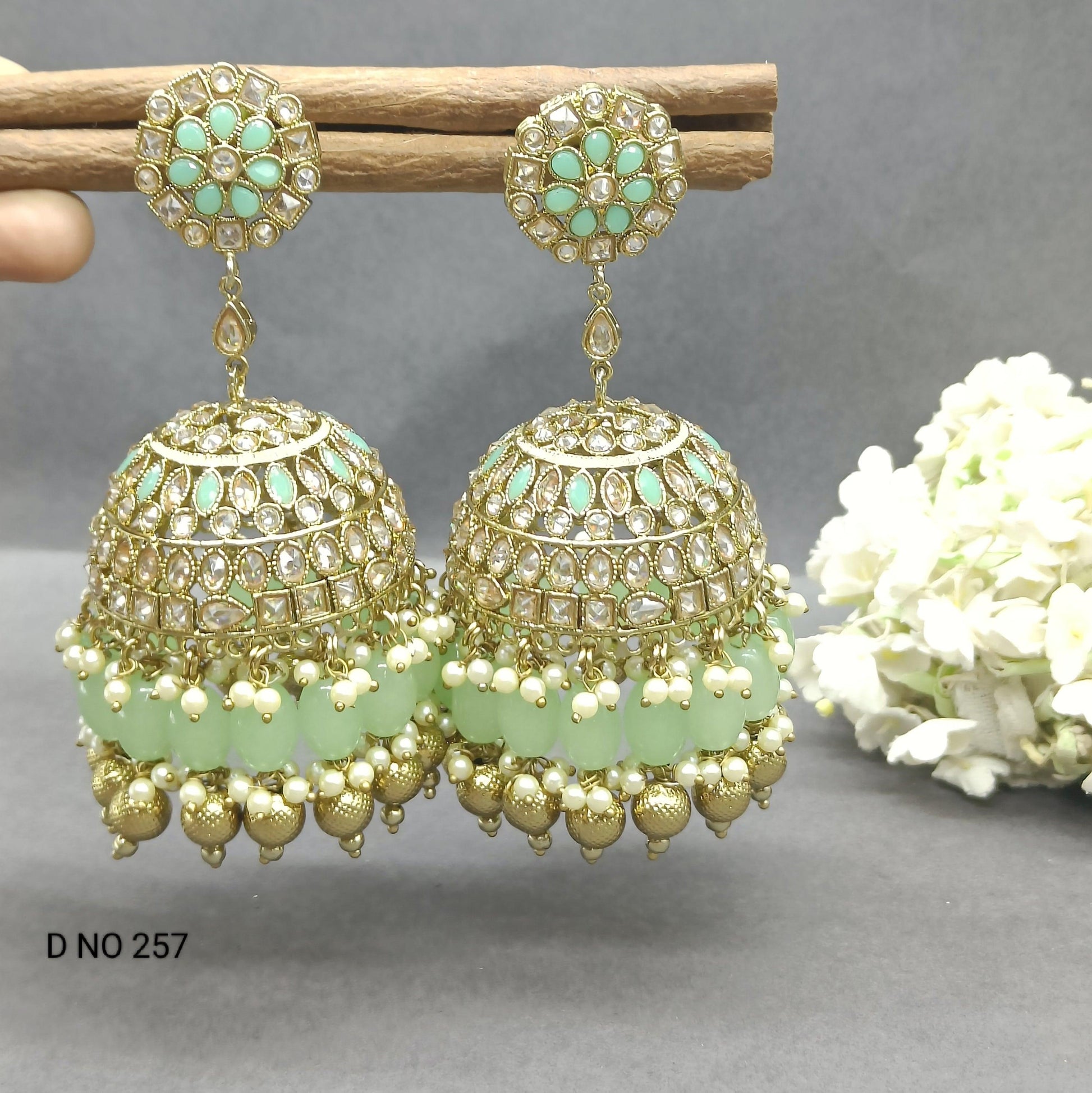 Polki Big Jhumki Earring Mehndi Sku -257 A3 - rchiecreation