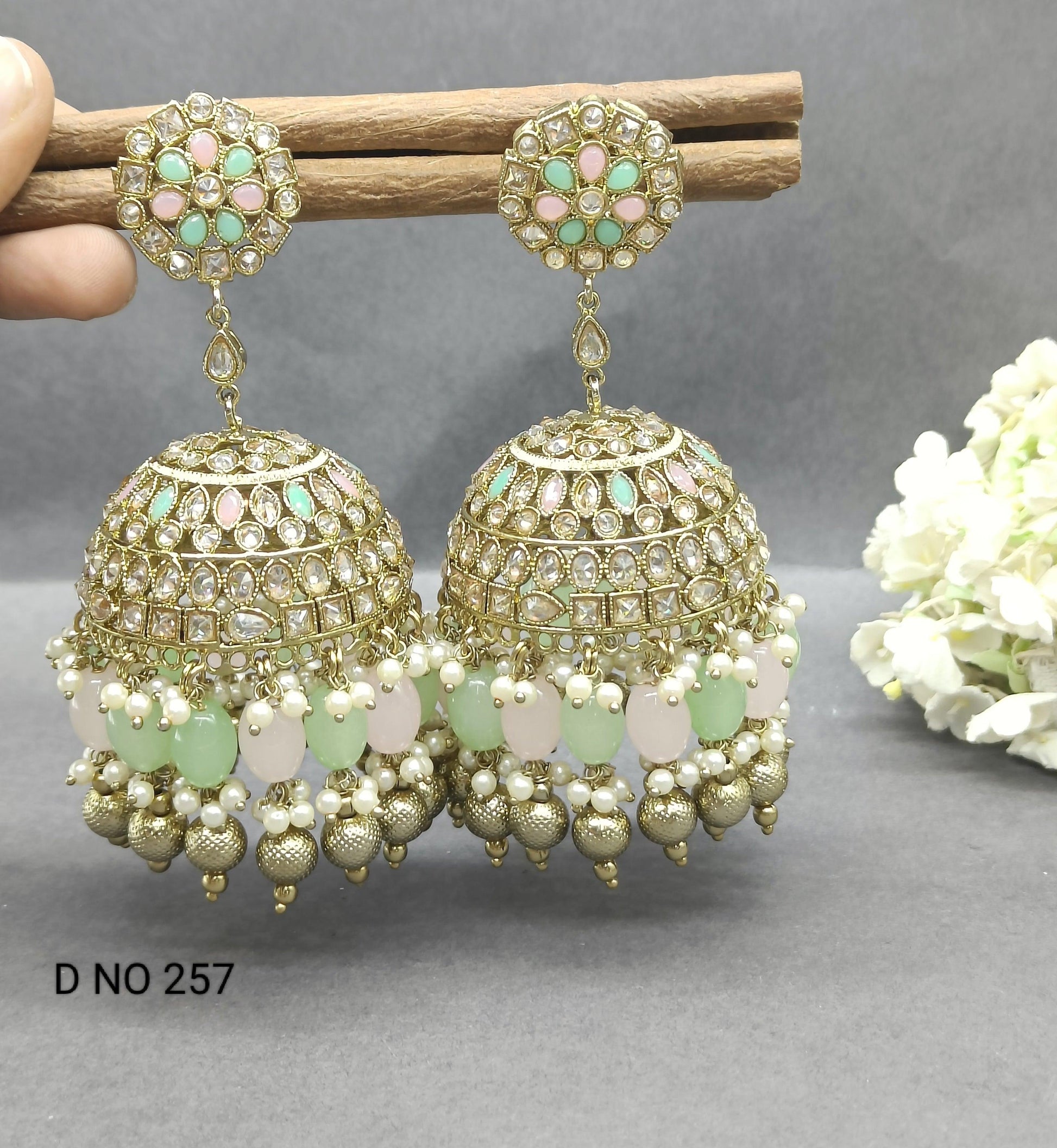 Polki Big Jhumki Earring Mehndi Sku -257 A3 - rchiecreation