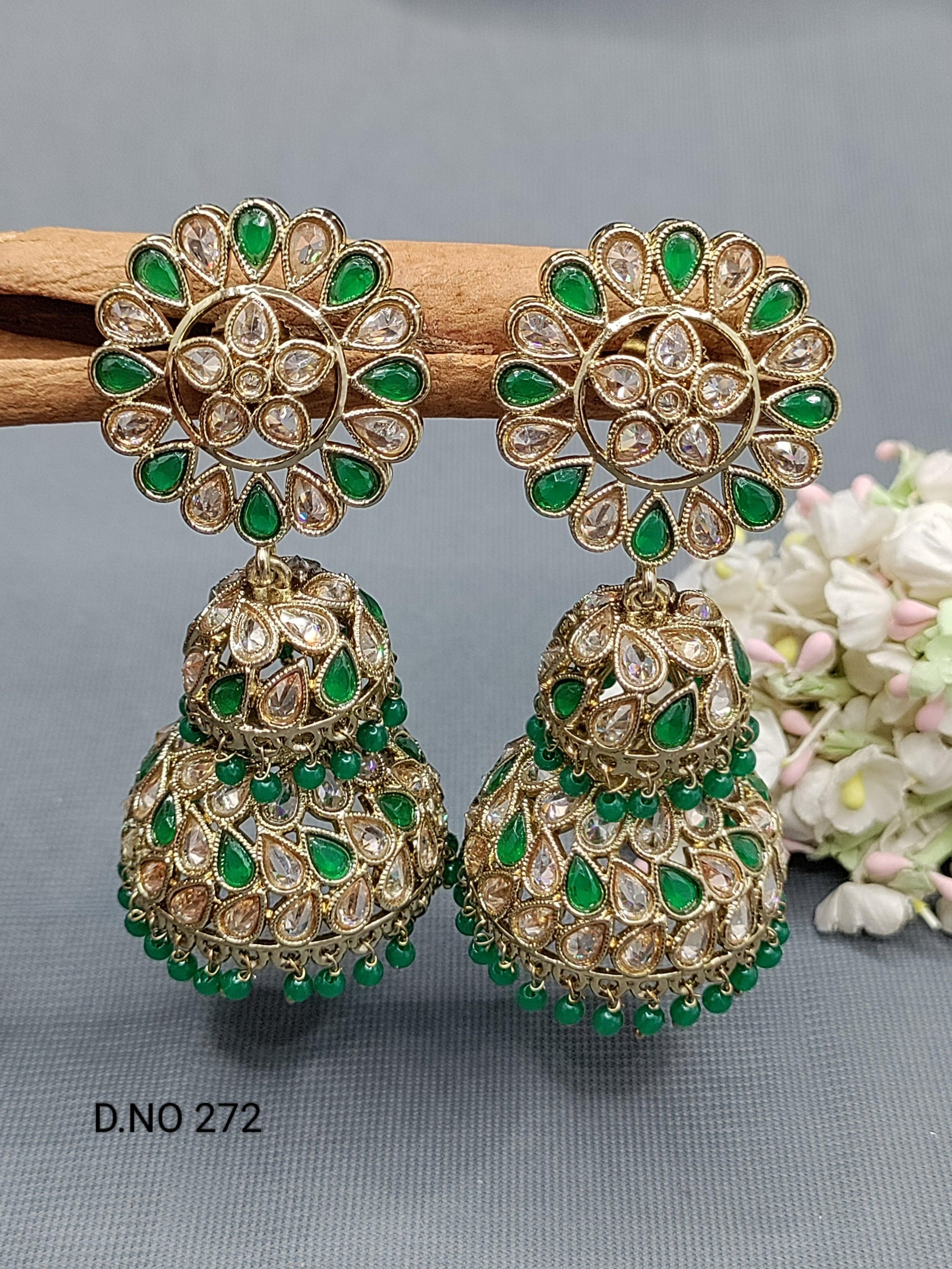 Polki Double Jhumki Mehndi Earring Sku 272 A4 - rchiecreation
