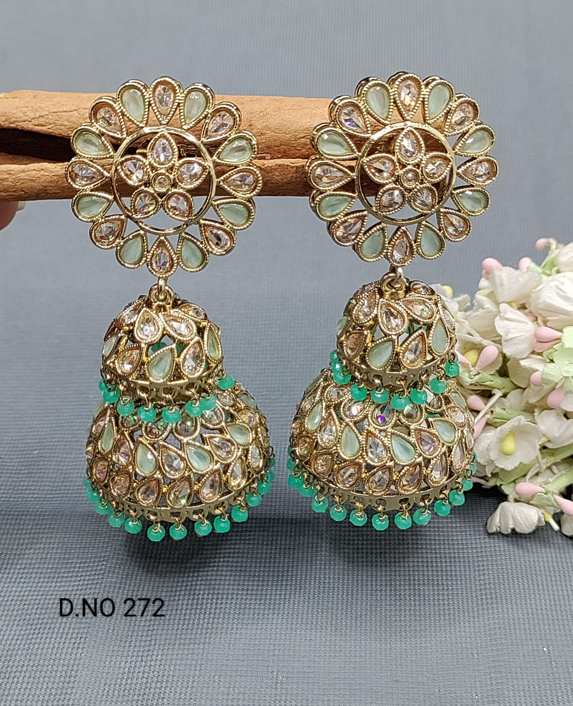 Polki Double Jhumki Mehndi Earring Sku 272 A4 - rchiecreation