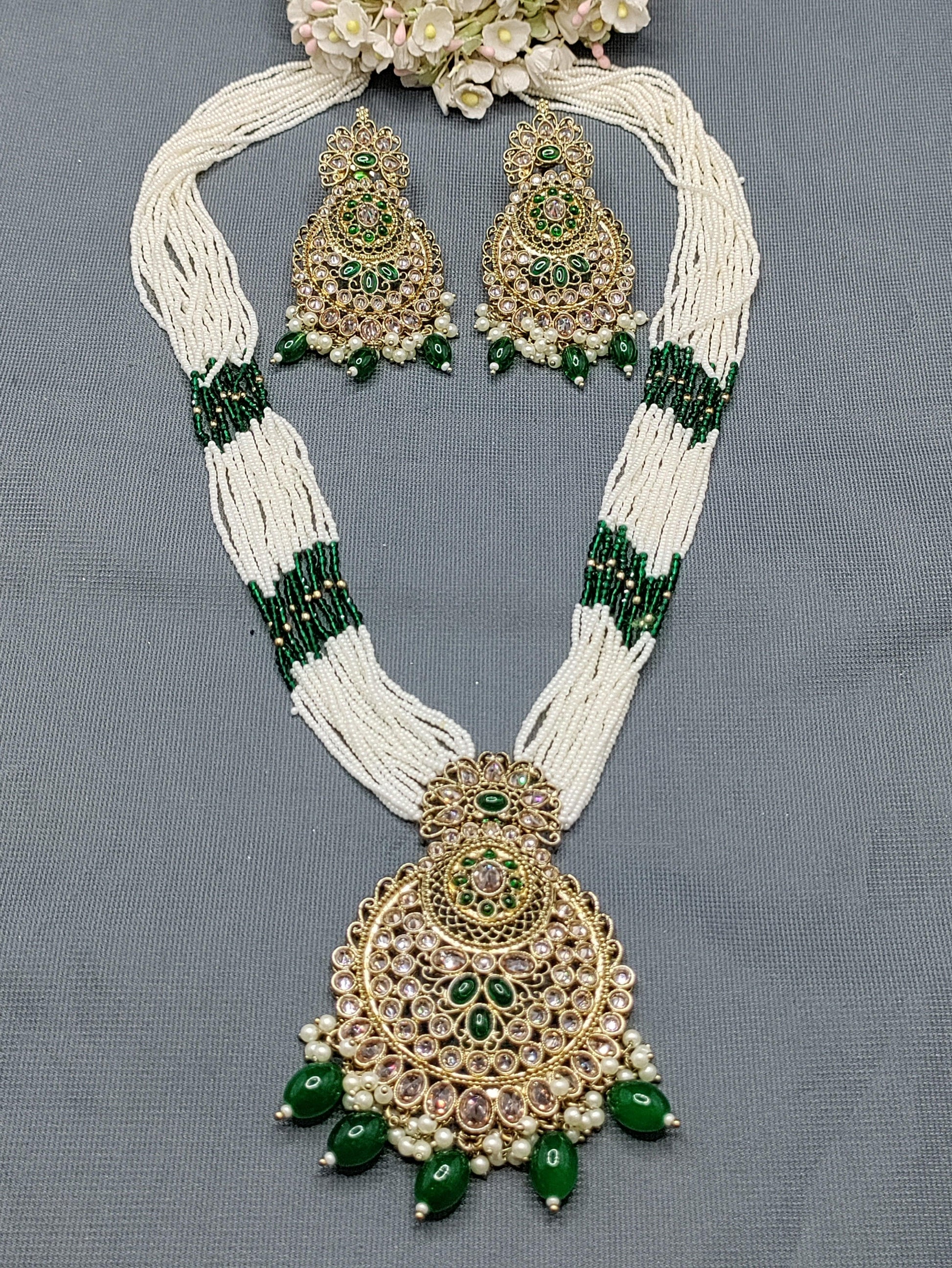 Polki Long Necklace Mehndi Set Sku-5973 B3 - rchiecreation