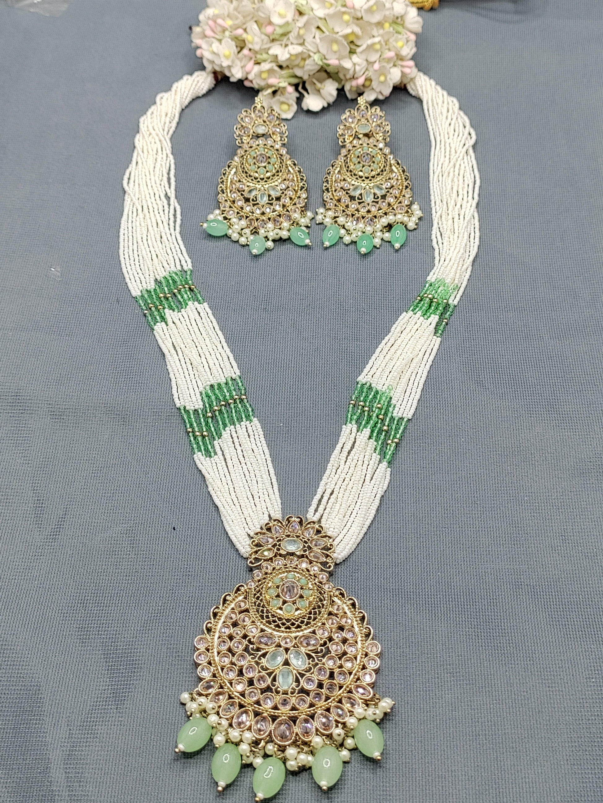 Polki Long Necklace Mehndi Set Sku-5973 B3 - rchiecreation