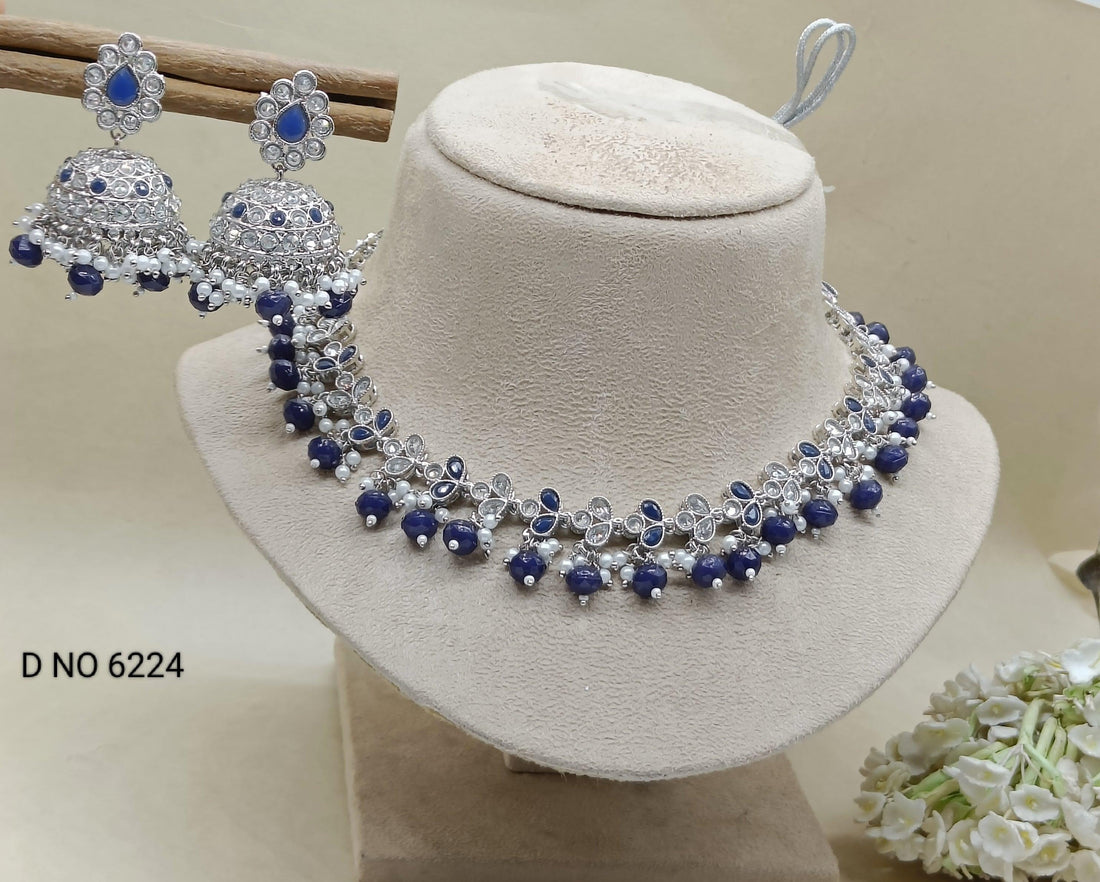 Polki Rodium Necklace Set Sku 6224 B1 - rchiecreation