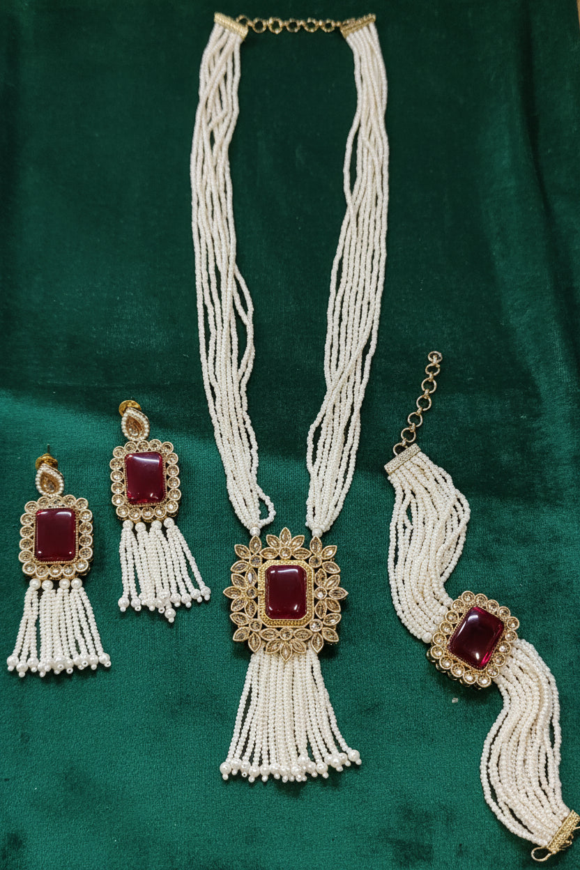 Pearl Polki long Necklace With Breaslate SKU-N.10002