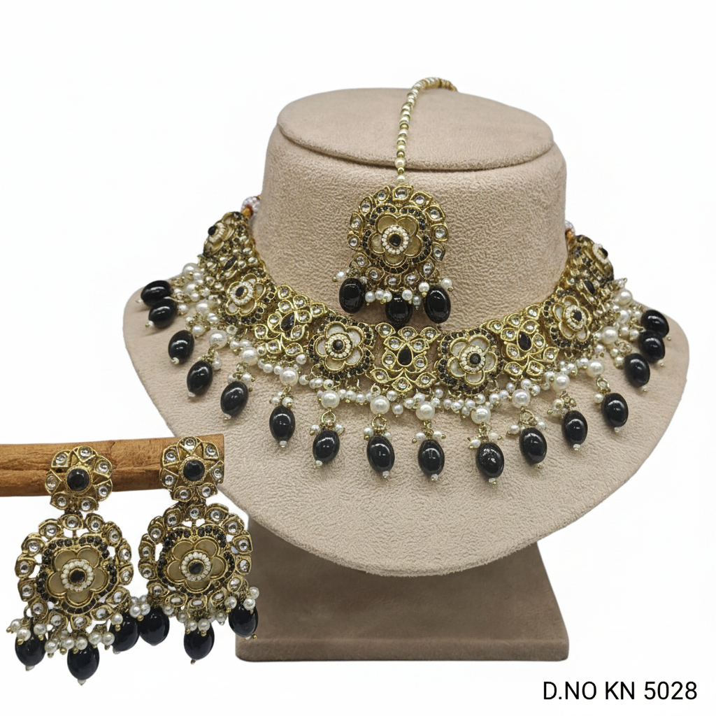 Pearl Kundan Mehandi Necklace Set Sku-KN 5028 SP/B-4