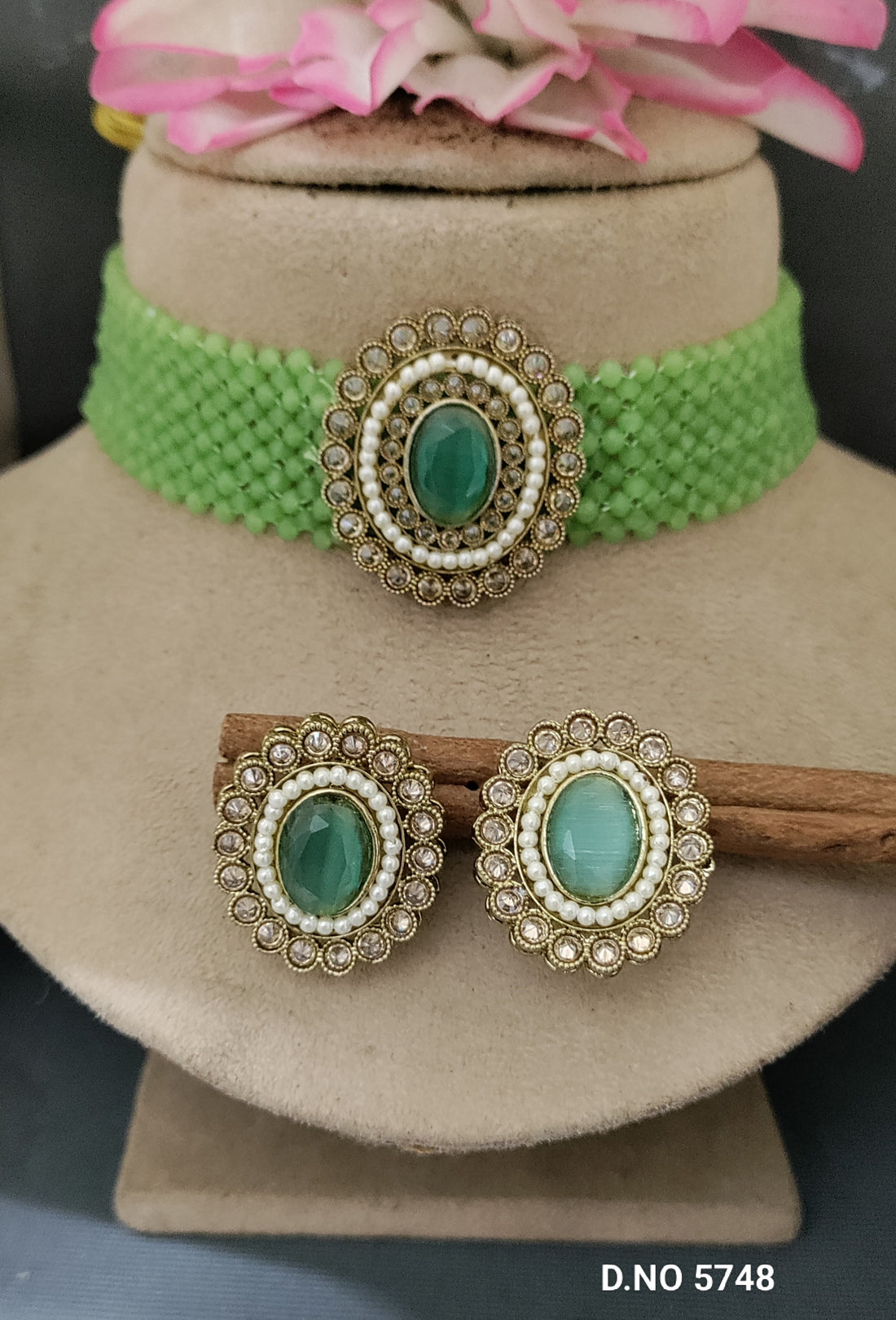 Polki Choker Mehandi Necklace Set Sku 5748 B-6
