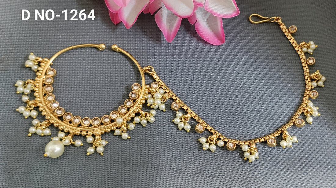 Rajputi Nath With White Pearls And Chain Sku  1264 H1