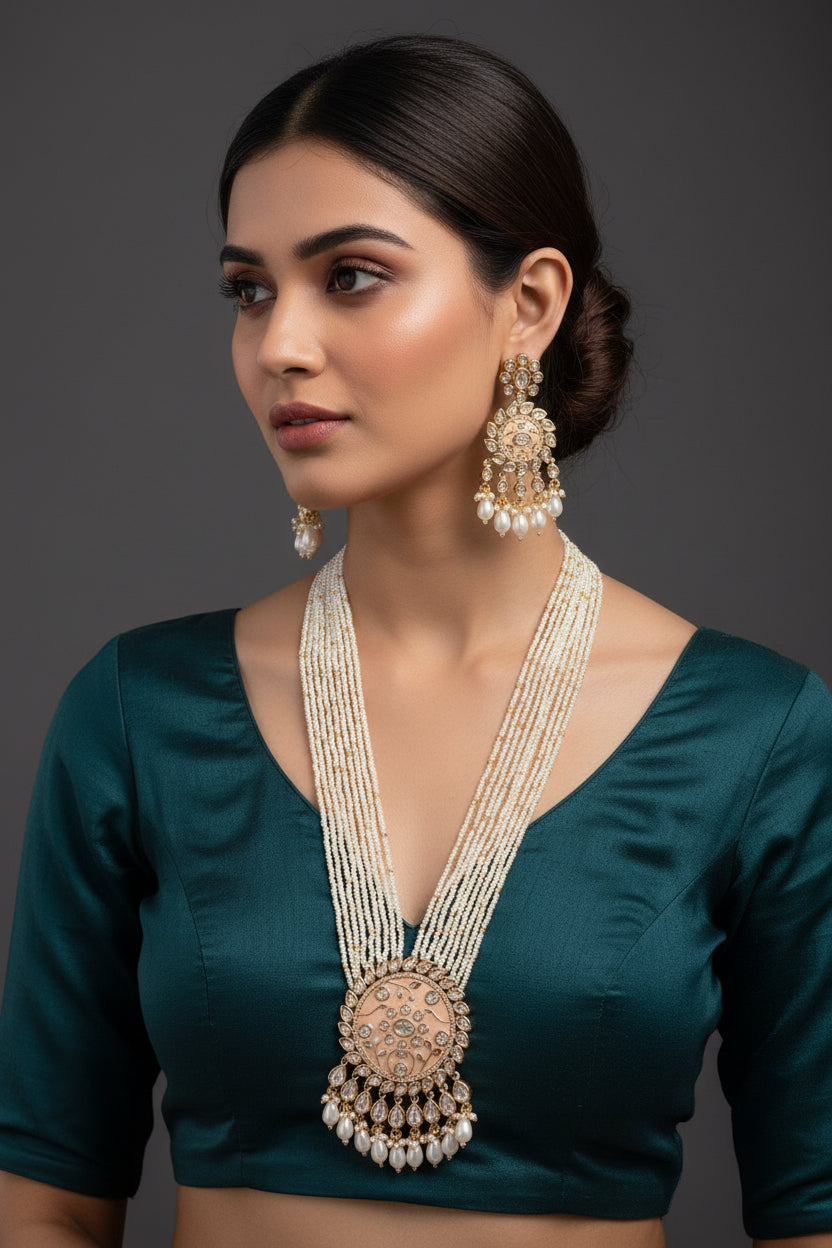 Moissanite Kundan Long Pearl Necklace SKU- AN 388 SM