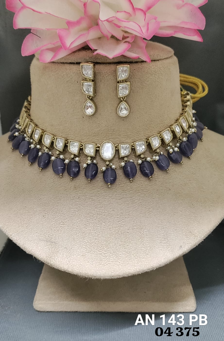 Mehandi Moissanite  Kundan Necklace Set Sku AN 143 PB D4