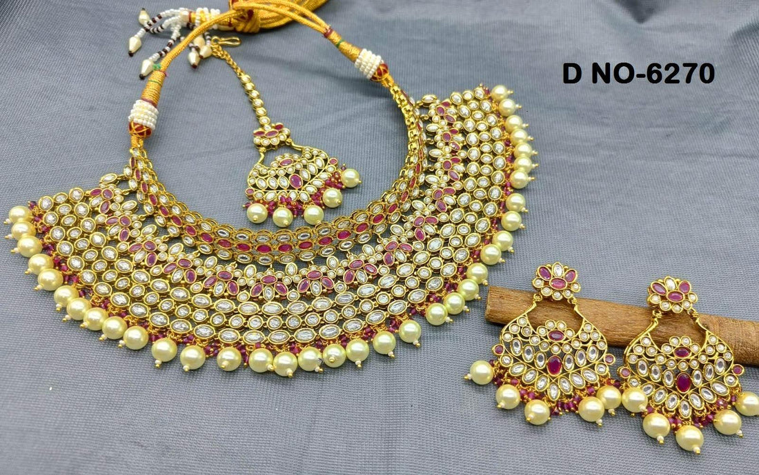 Kundan Golden Bridal Chokar Necklace Set saleSku 6270 H-2