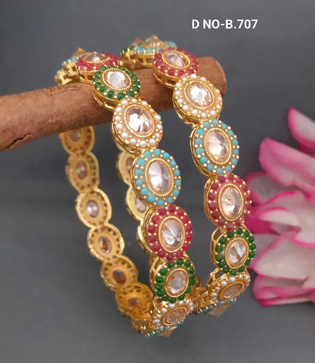 Golden Polki Pearl Bangles Sku-B.707