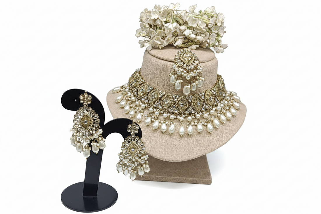 Pearl Kundan Mehandi Choker Necklace Set Sku-KN 5029 SP/B-4