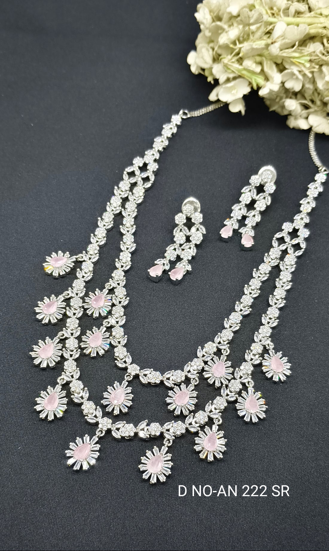 Cz Ad Rodium Long Necklace Set SKU AN-222 SR /C-6