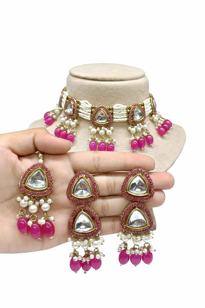 Pearl Kundan Mehandi Choker Necklace Set Sku-KN 5030 SP/B-4