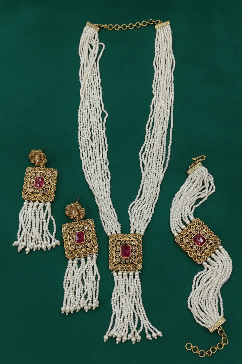 Pearl Polki long Necklace With Breaslate SKU-N.10001