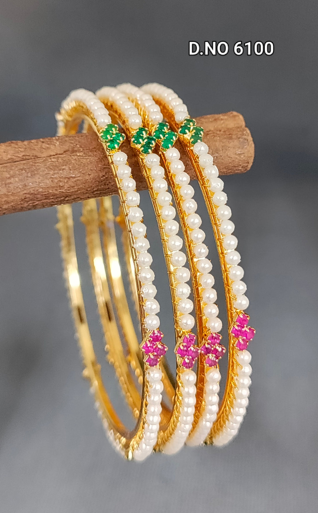 Golden Ruby+Green Stone Pearl Bangle SKU-6100