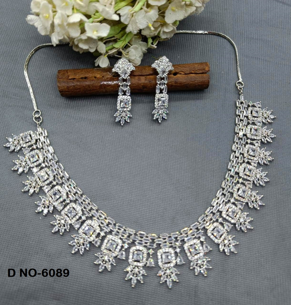 American Diamond Necklace Rodium Sku -6089 C-6