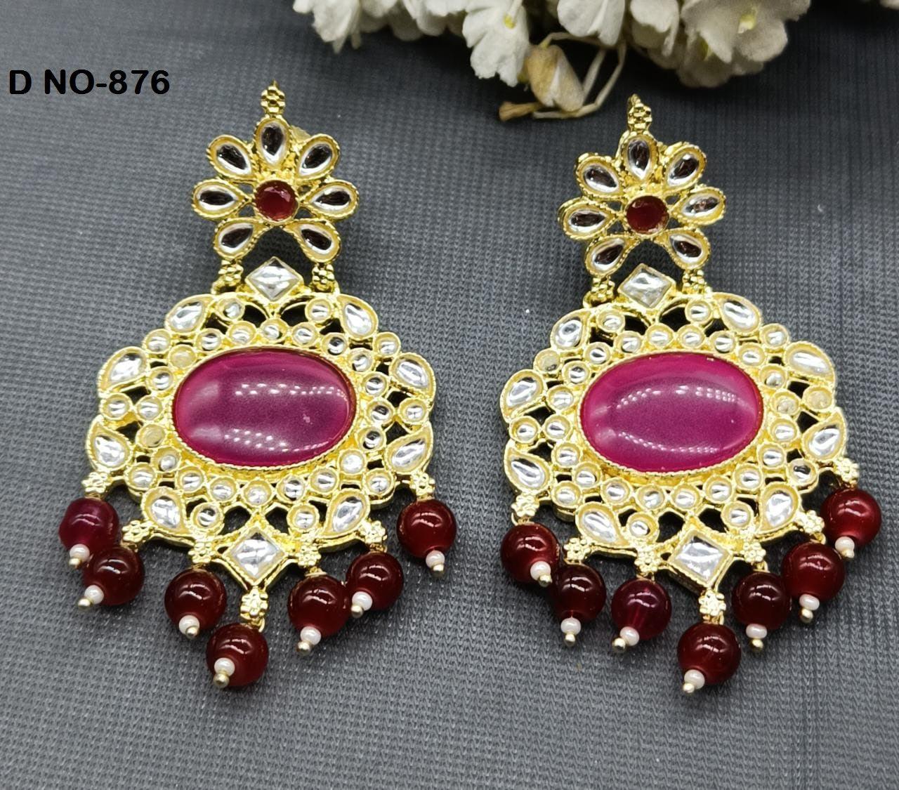 Golden Kundan Earring Sku-876 A1 - rchiecreation
