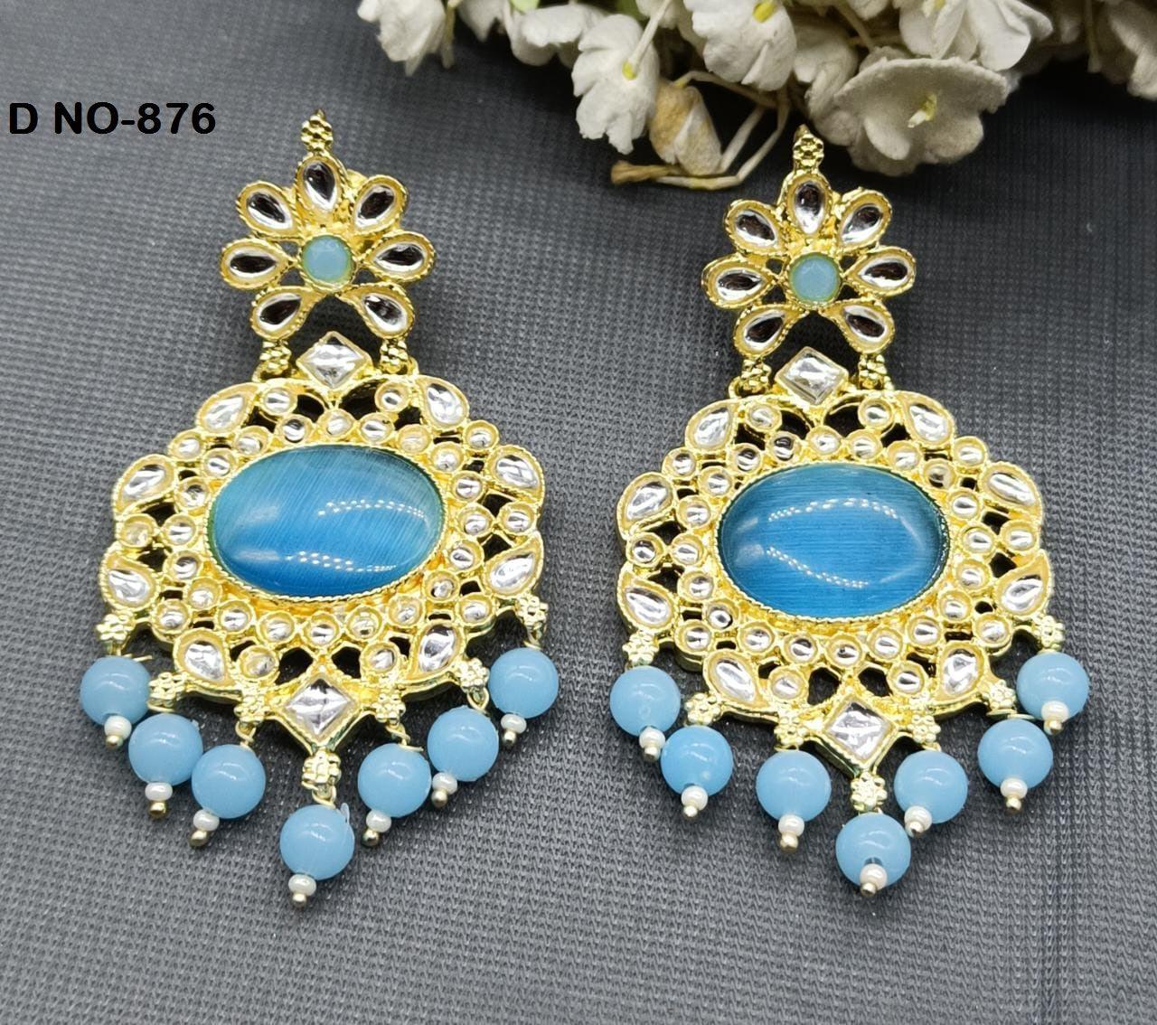Golden Kundan Earring Sku-876 A1 - rchiecreation