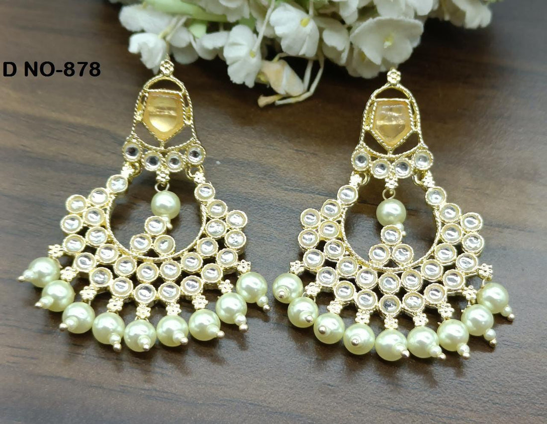 Golden Kundan Earring Sku-878 A1 - rchiecreation
