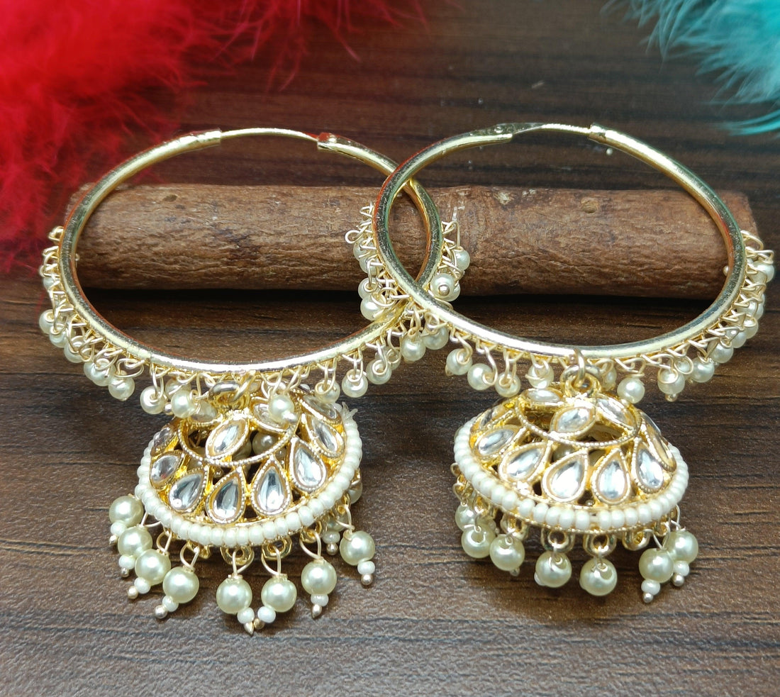 Kundan Earring Golden Hoop Jhumki Sku- 833 E3 - rchiecreation