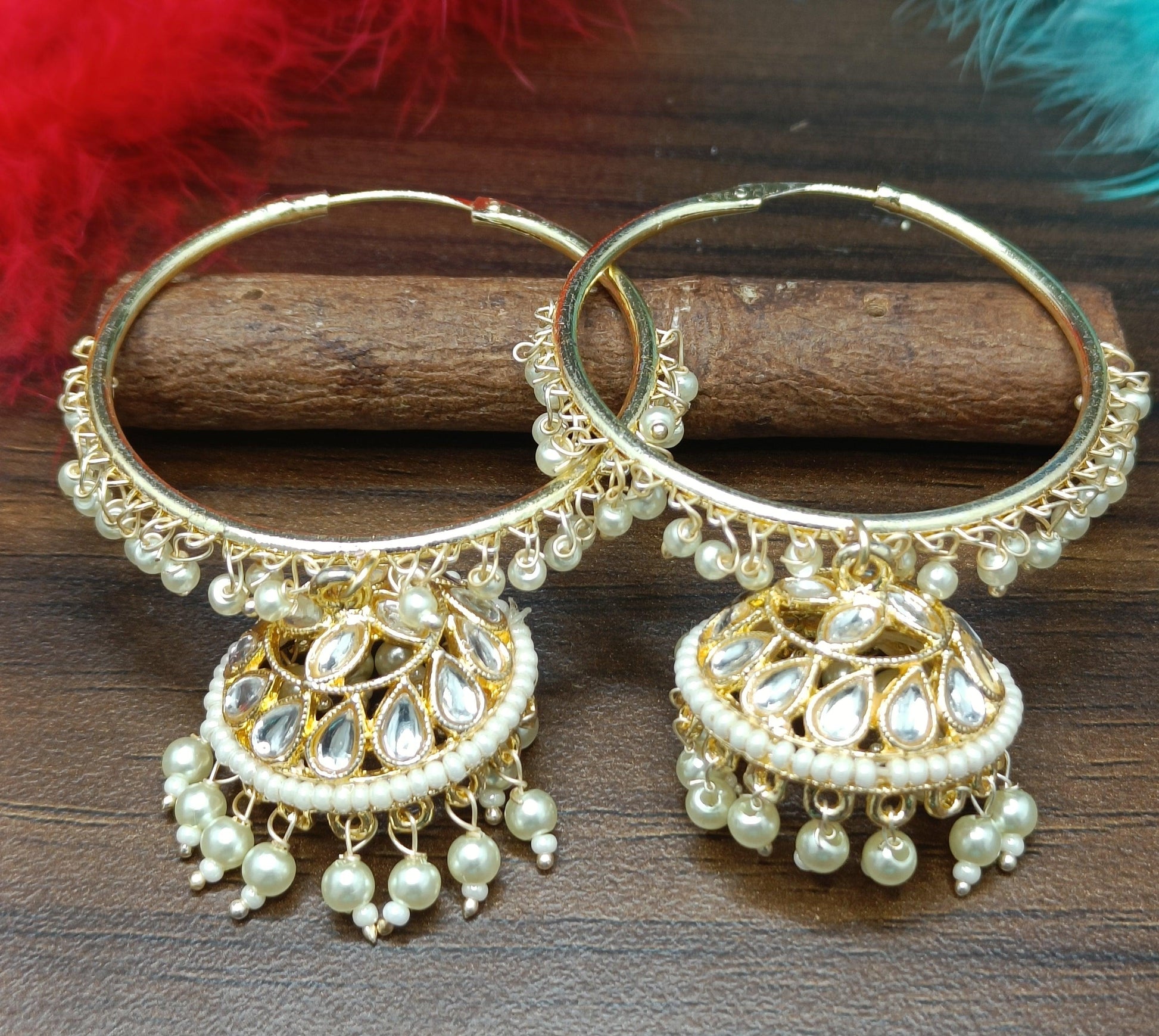 Kundan Earring Golden Hoop Jhumki Sku- 833 E3 - rchiecreation