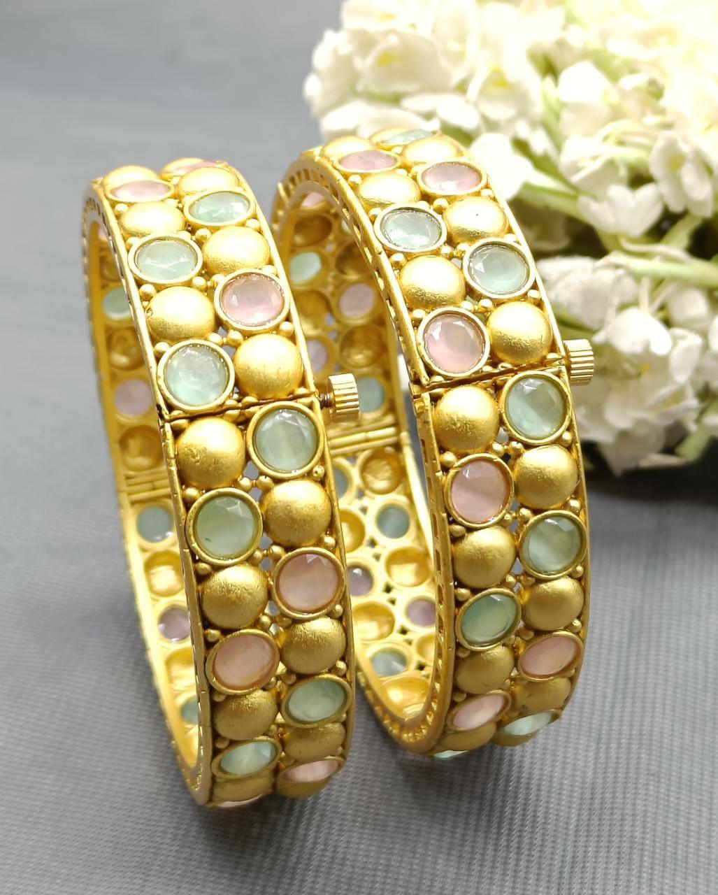 Mint Pink Antique Golden Bangles Sku 3079 D1 - rchiecreation