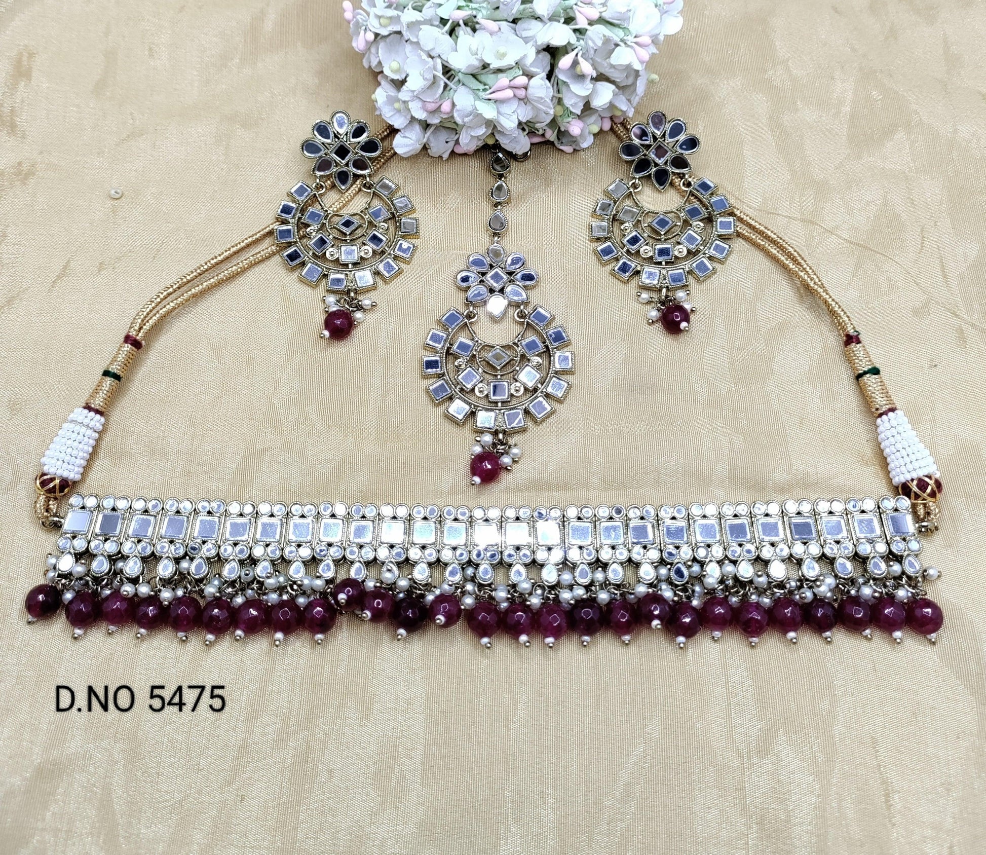 Mirror Kundan Necklace Mehndi Set Sku 5475 B1 - rchiecreation