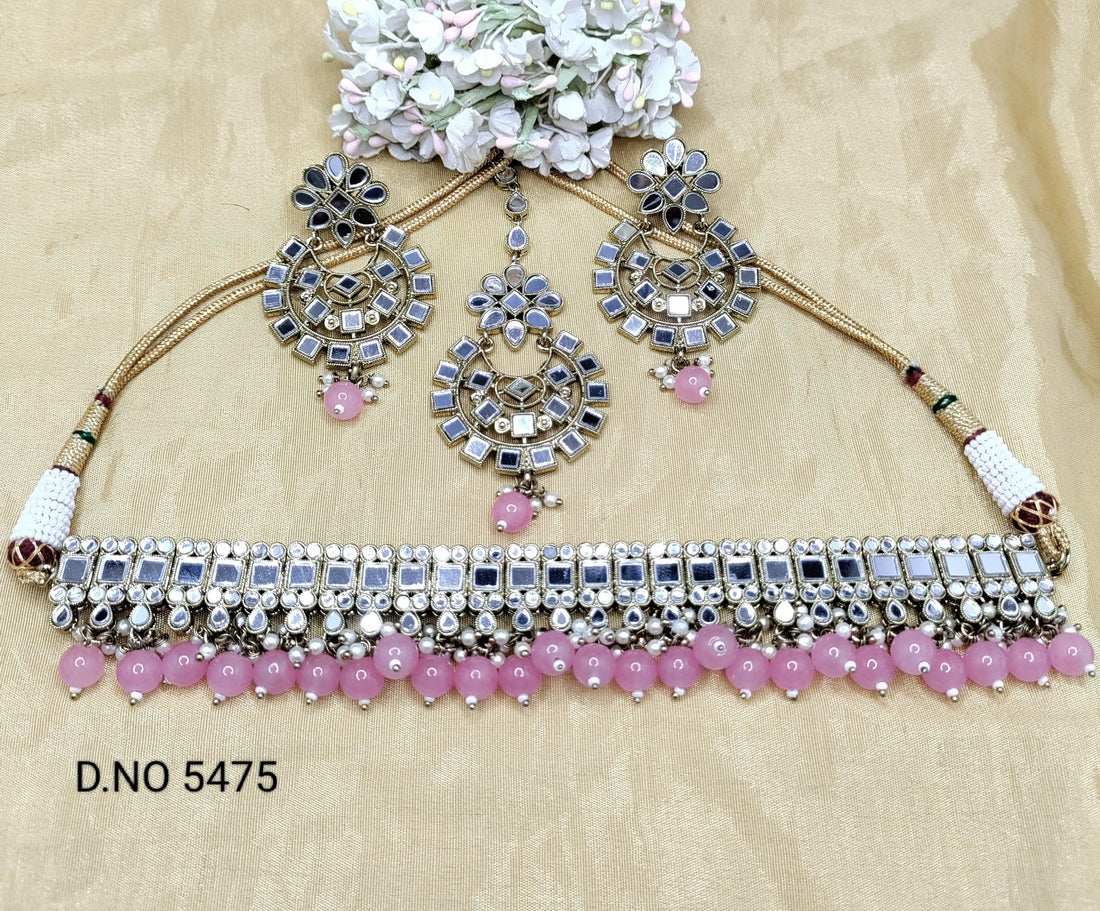 Mirror Kundan Necklace Mehndi Set Sku 5475 B1 - rchiecreation