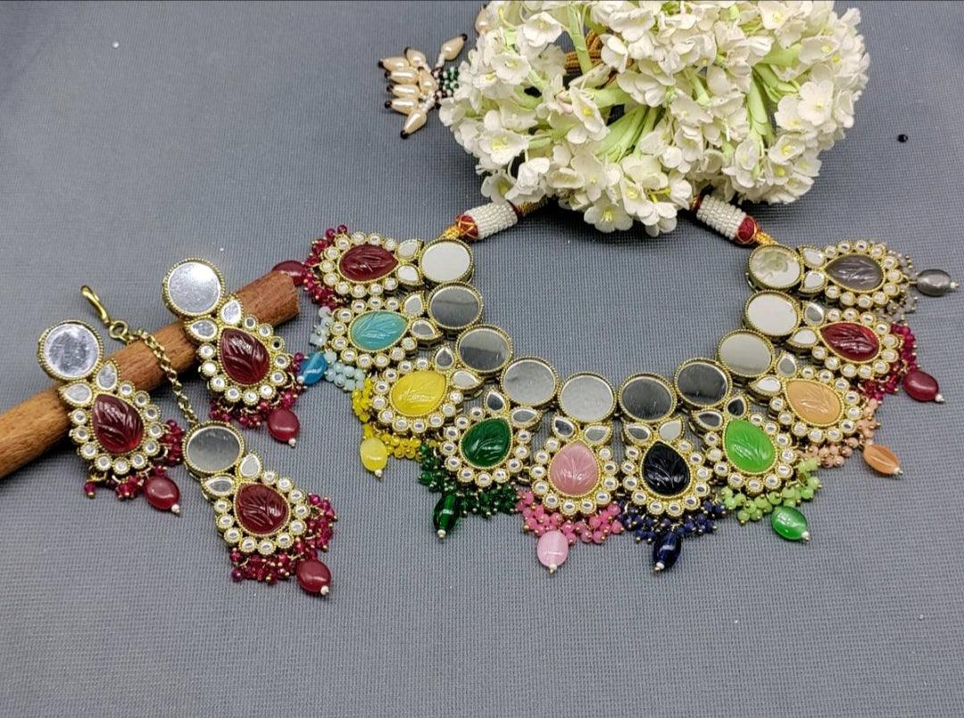 Mirror Kundan Necklace Mehndi Set Sku-5520 B1 - rchiecreation
