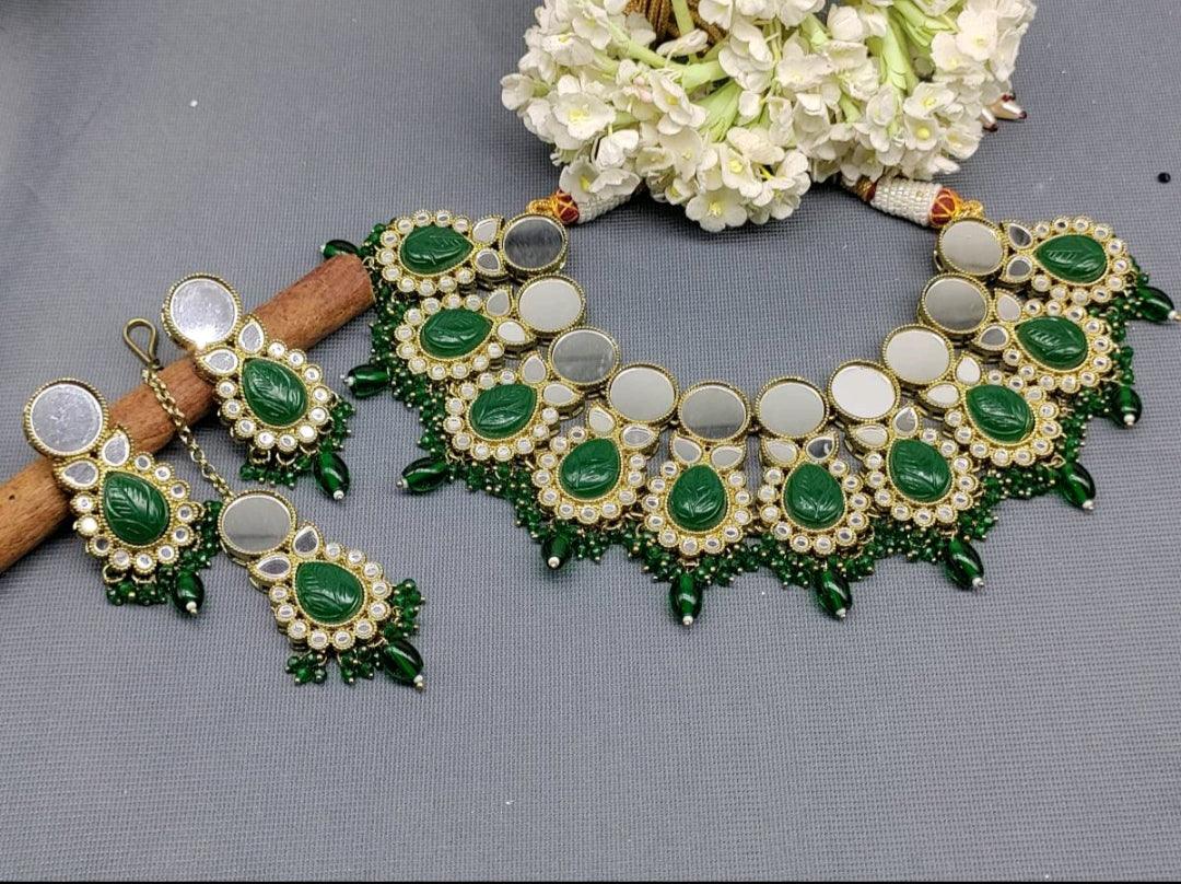Mirror Kundan Necklace Mehndi Set Sku-5520 B1 - rchiecreation
