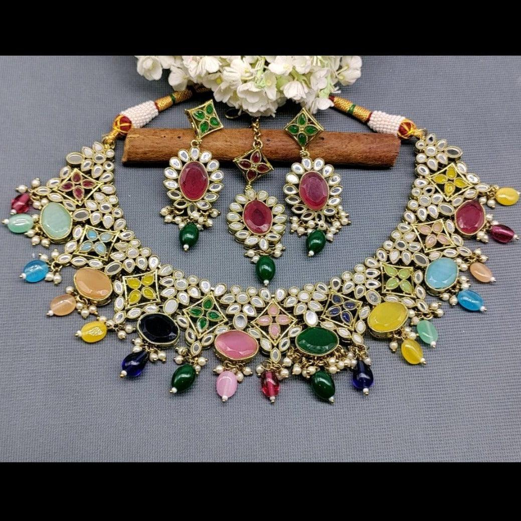 Mirror Multy Necklace Mehndi Set Sku 5674 B1 - rchiecreation