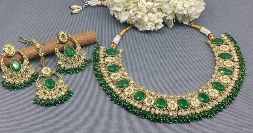 Navratan Stone Necklace Mehndi Set Sku 5677 B3 - rchiecreation