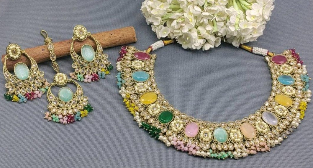 Navratan Stone Necklace Mehndi Set Sku 5677 B3 rchiecreation