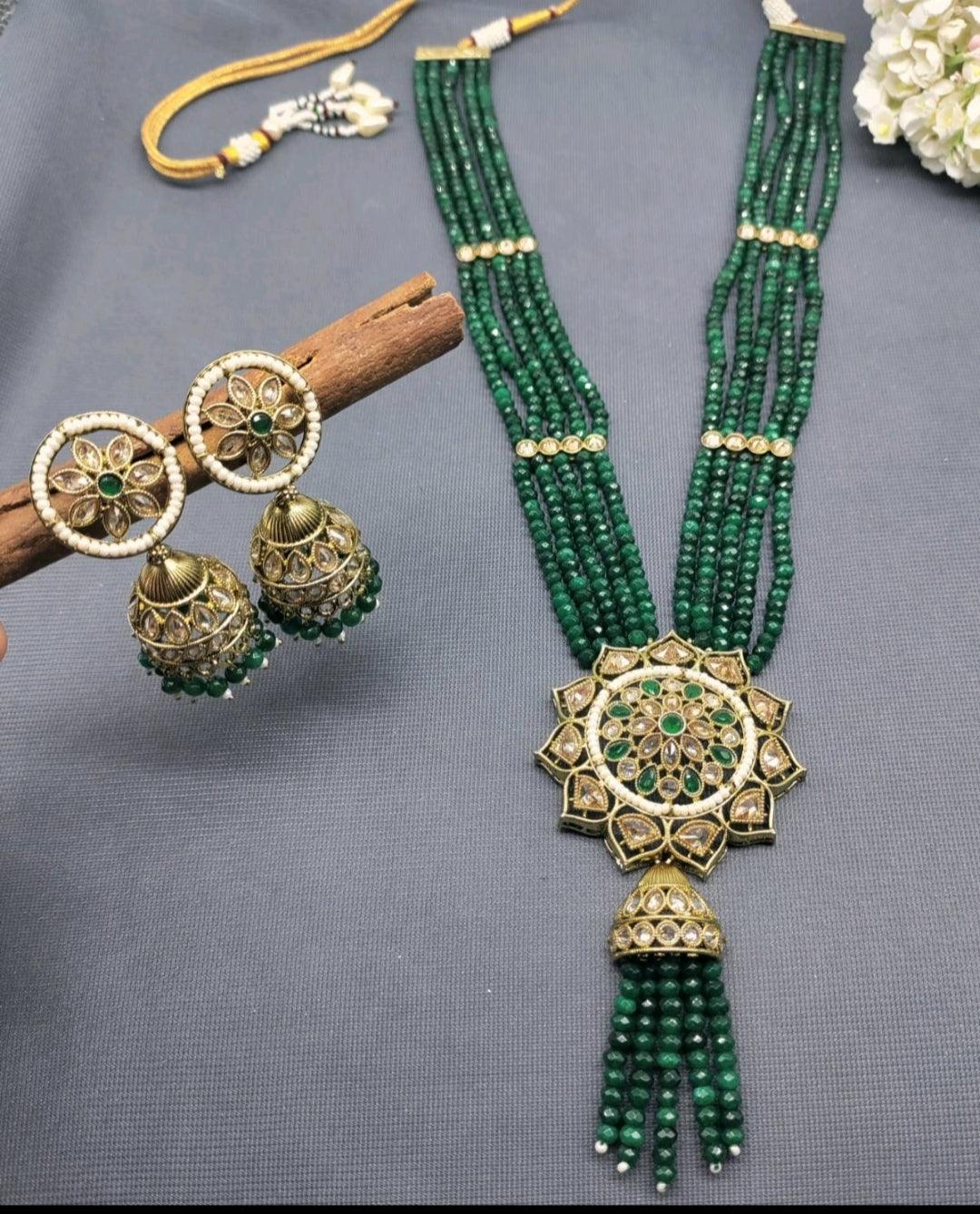 Polki Long Necklace Mehndi Set Sku-5871 B3 - rchiecreation
