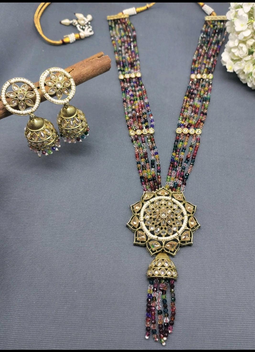 Polki Long Necklace Mehndi Set Sku-5871 B3 - rchiecreation