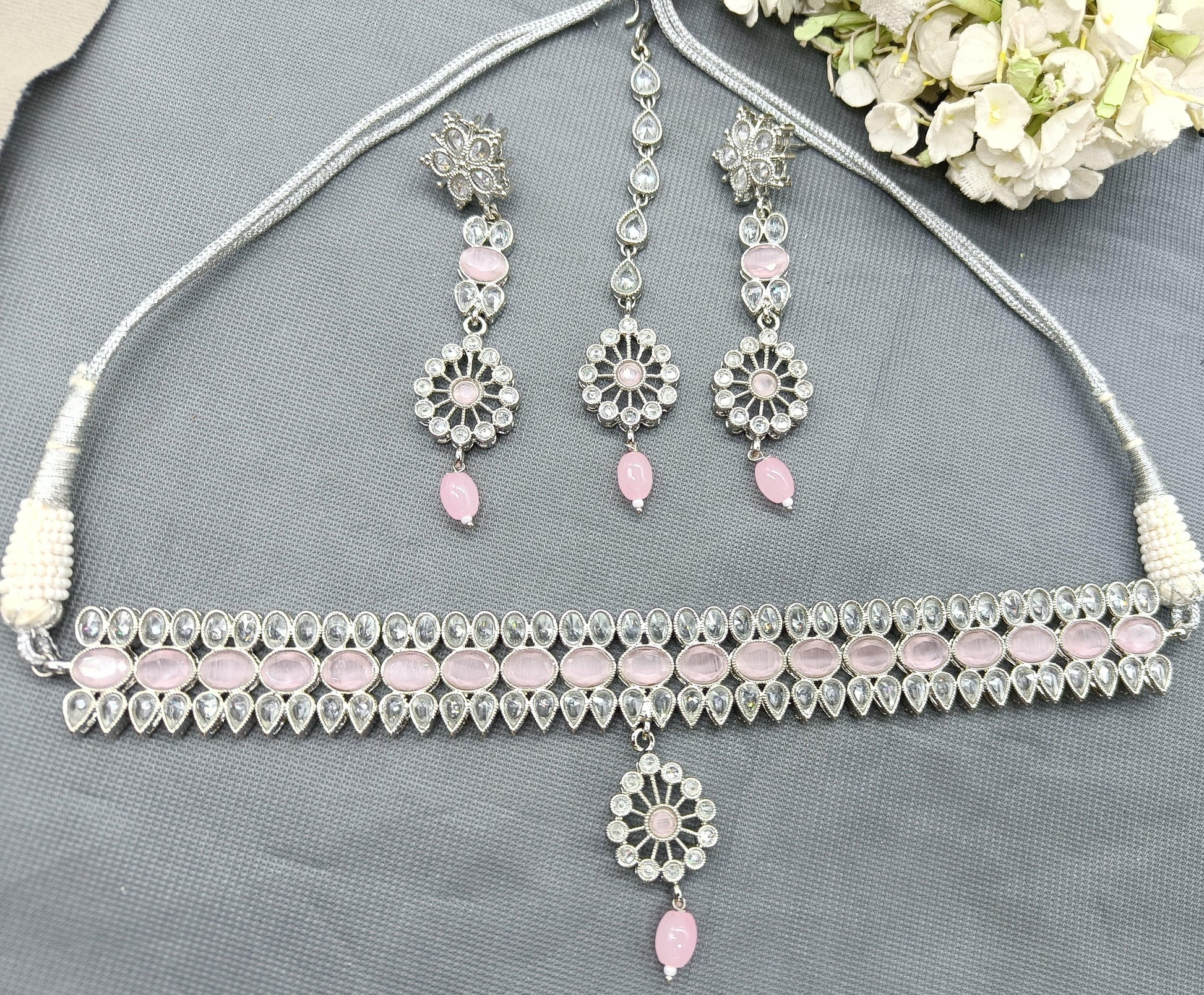 Polki Necklace Rodium Set Sku-5753 B-3 - rchiecreation