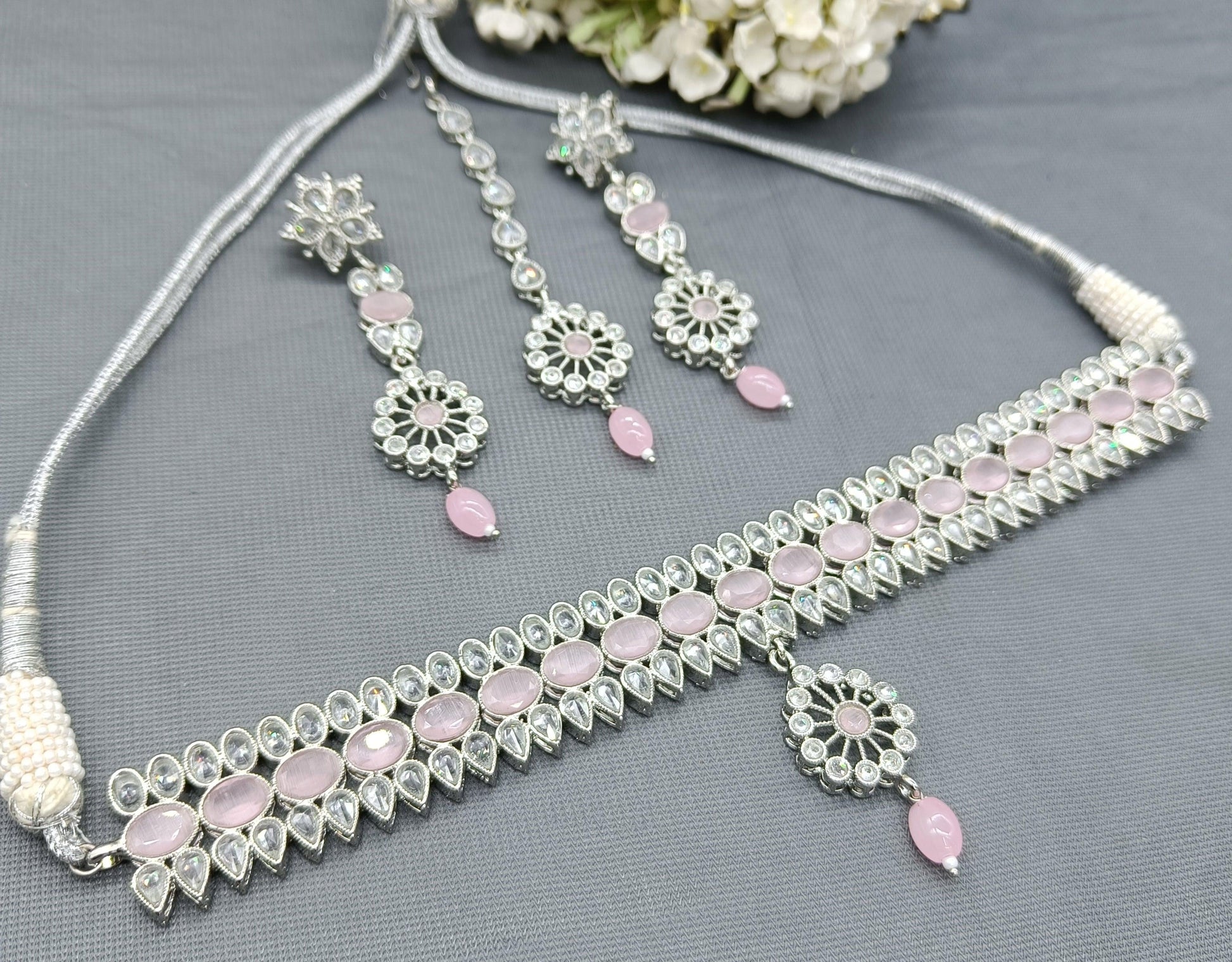 Polki Necklace Rodium Set Sku-5753 B-3 - rchiecreation