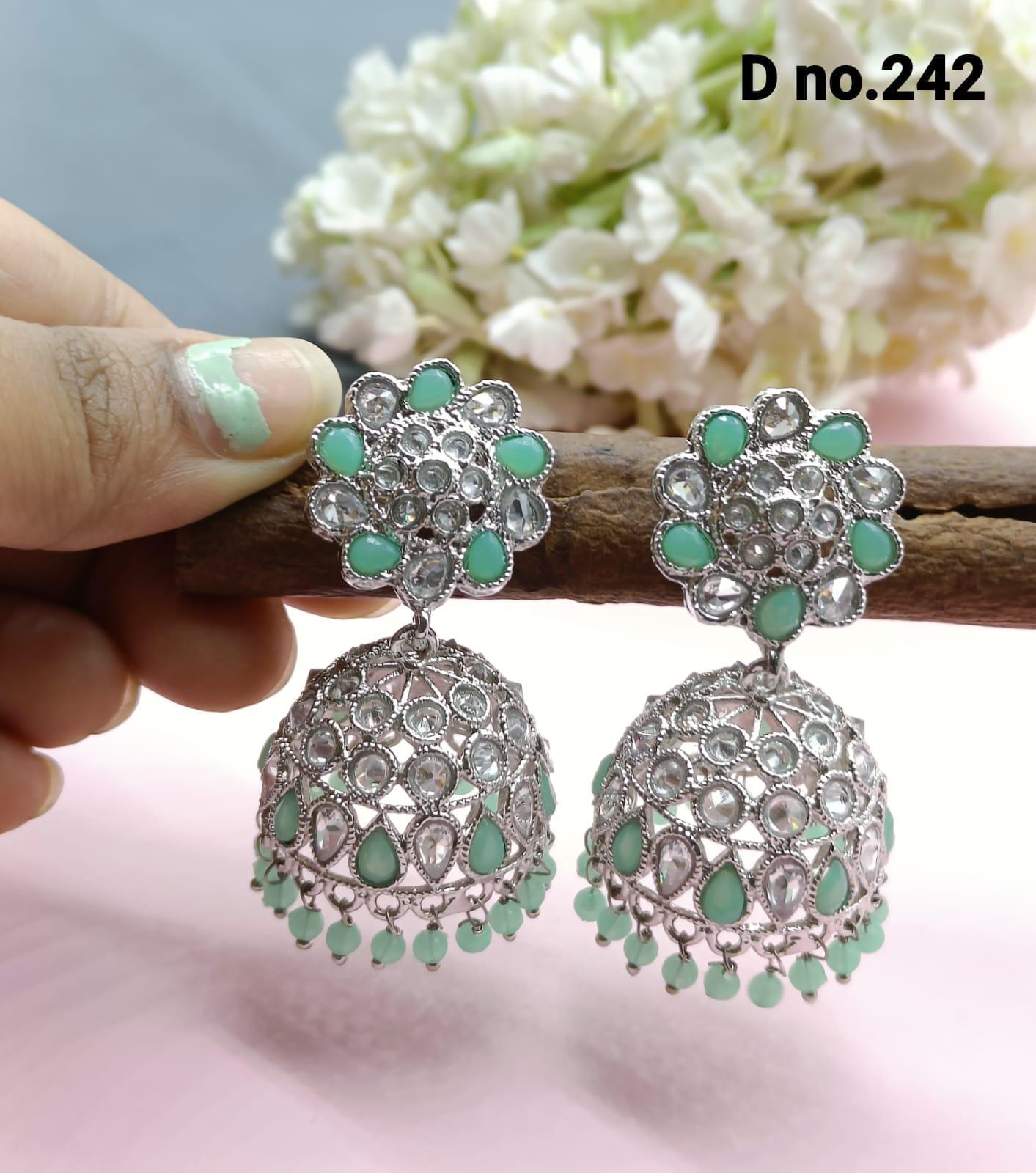 Rodium Polki Mehndi Jhumki Earring Sku- 242 A4 - rchiecreation