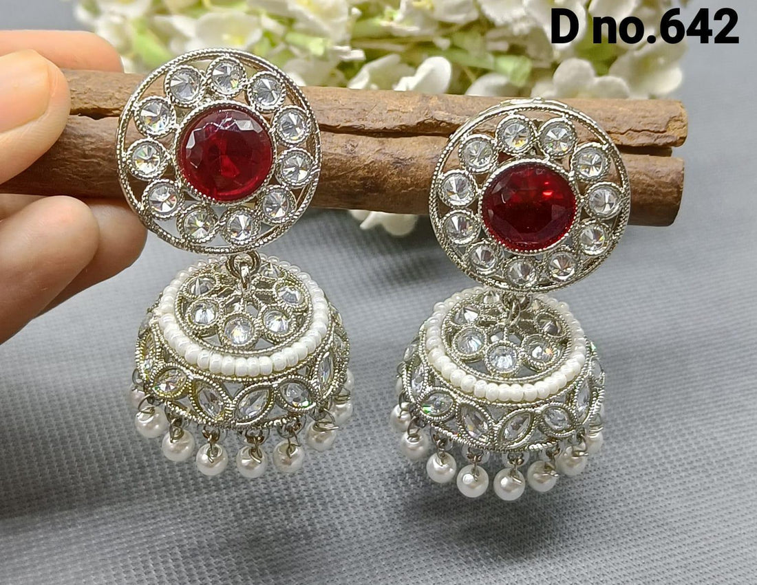 Rodium Polki Mehndi Jhumki Earring Sku-642 A4 - rchiecreation